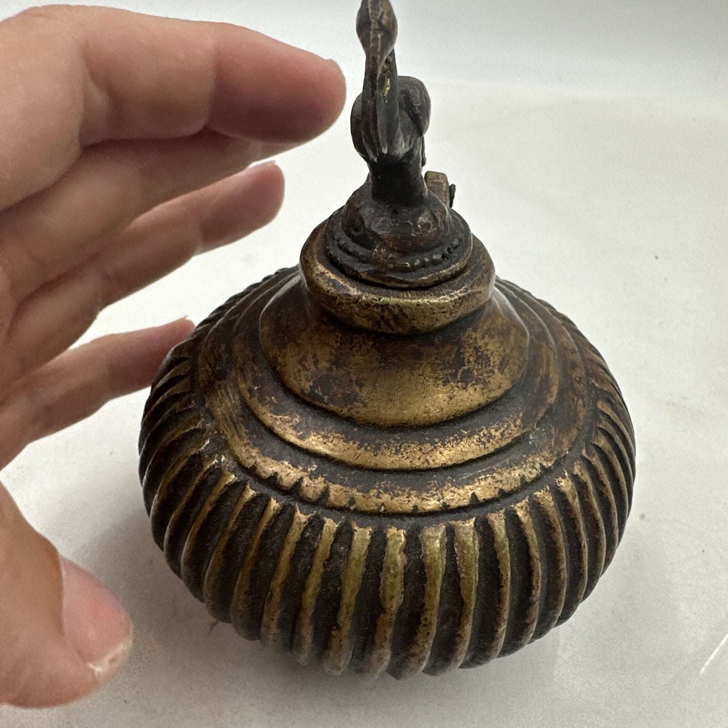 Antique Ink Well Indian Cast Bronze Mughal Footed w/ Peacock Lid & Fluted Sides