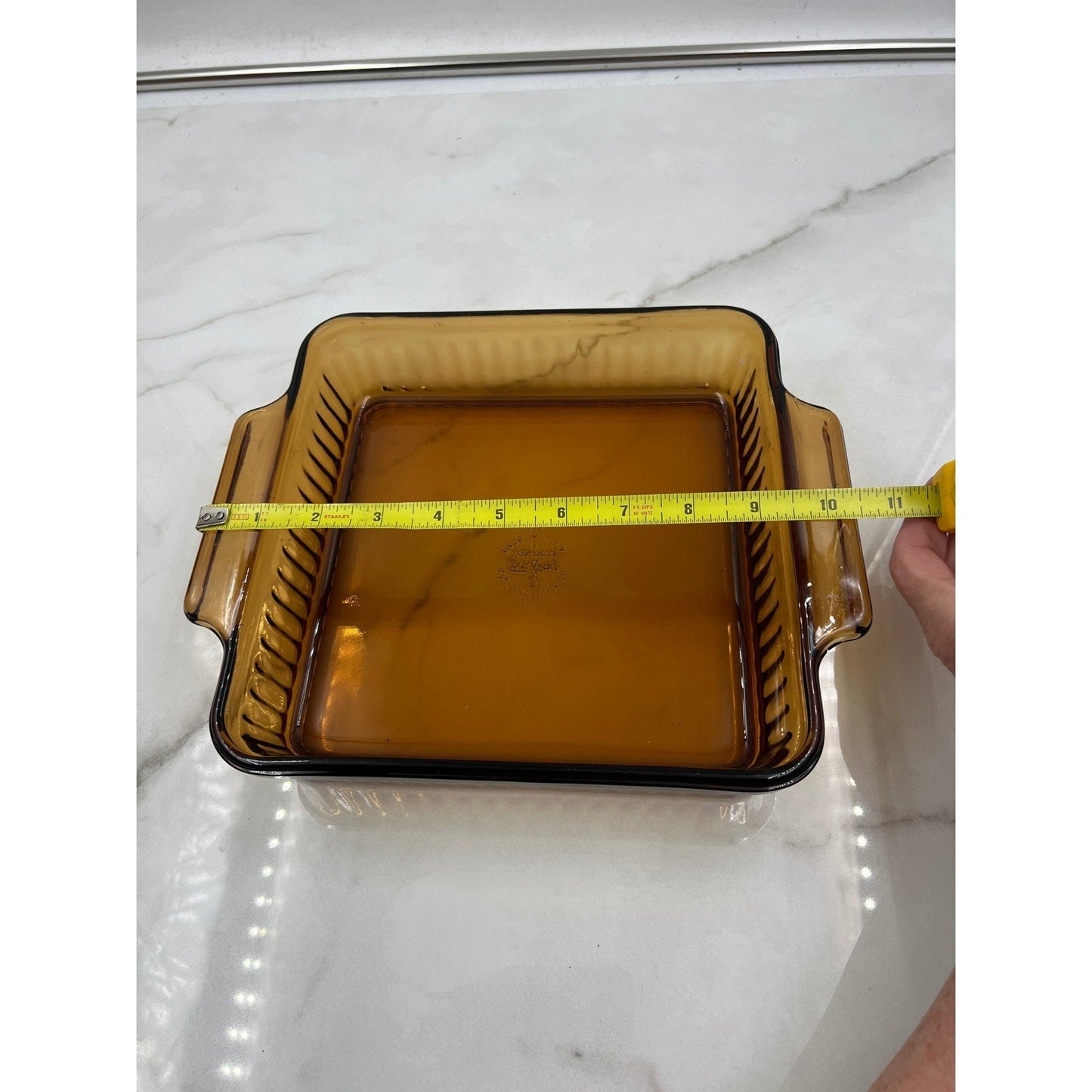 VTG Fire King Amber Glass Baking Dish Wood Cradle Anchor Hocking MCM