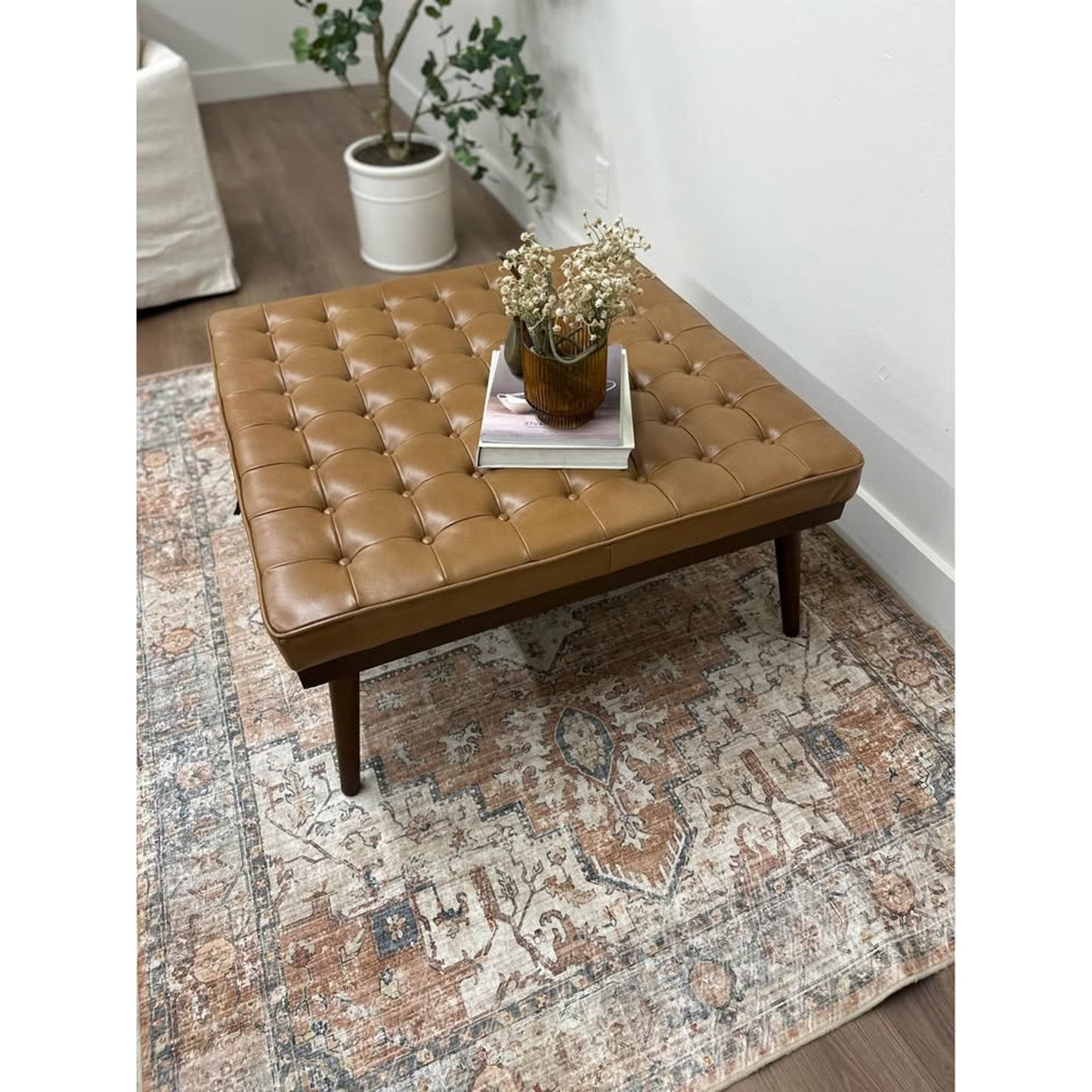 Julian Ottoman Genuine Leather- CAMEL Tufted Wood Legs