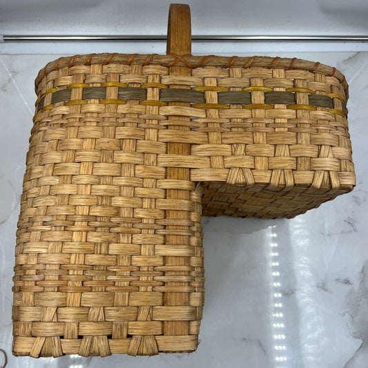 VTG Handmade Woven Stair Basket Wooden Handle Rustic Step Storage Natural Brown