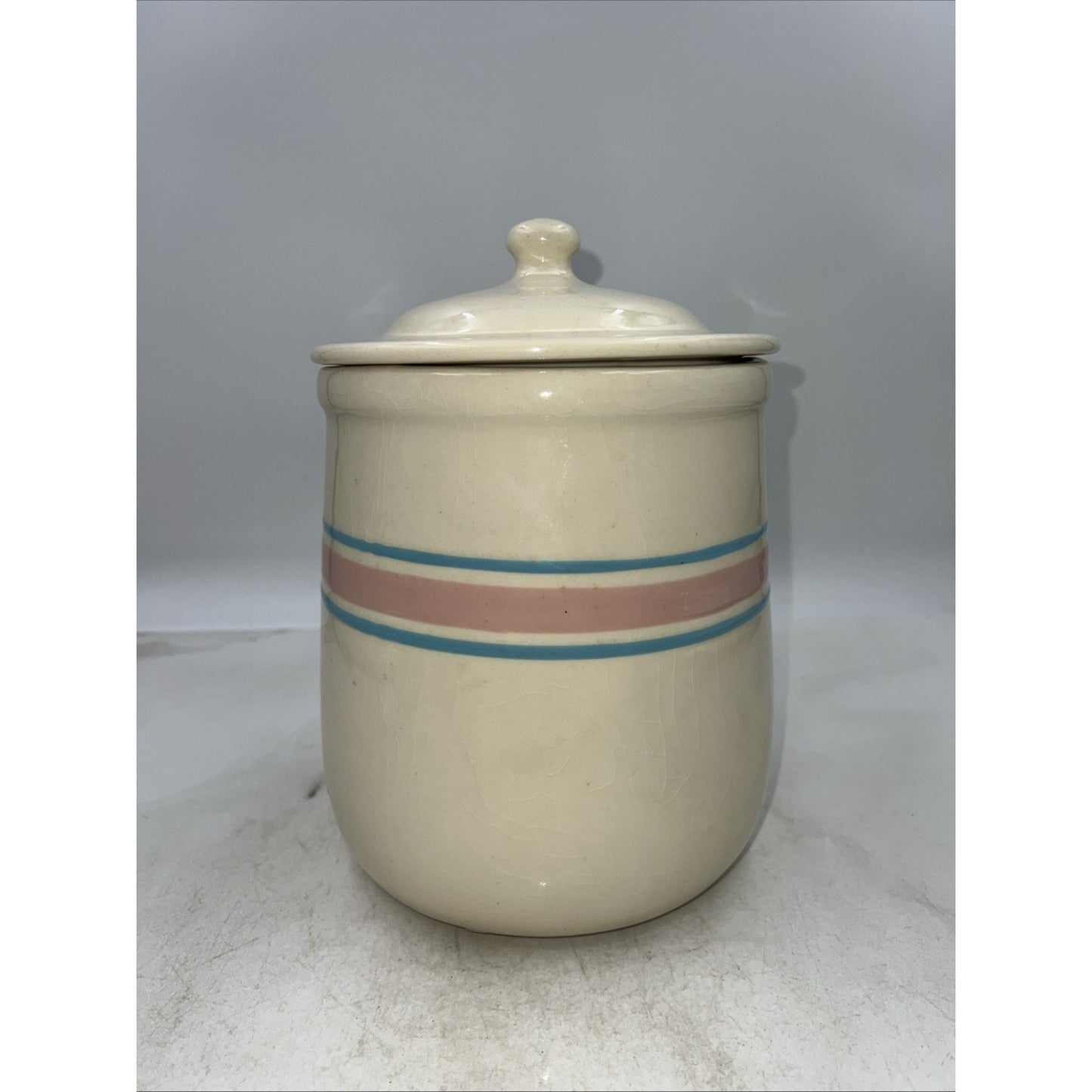 VTG McCoy Pottery Cannister w/ Lid Large Cookie Jar USA Blue and Pink Band 10"