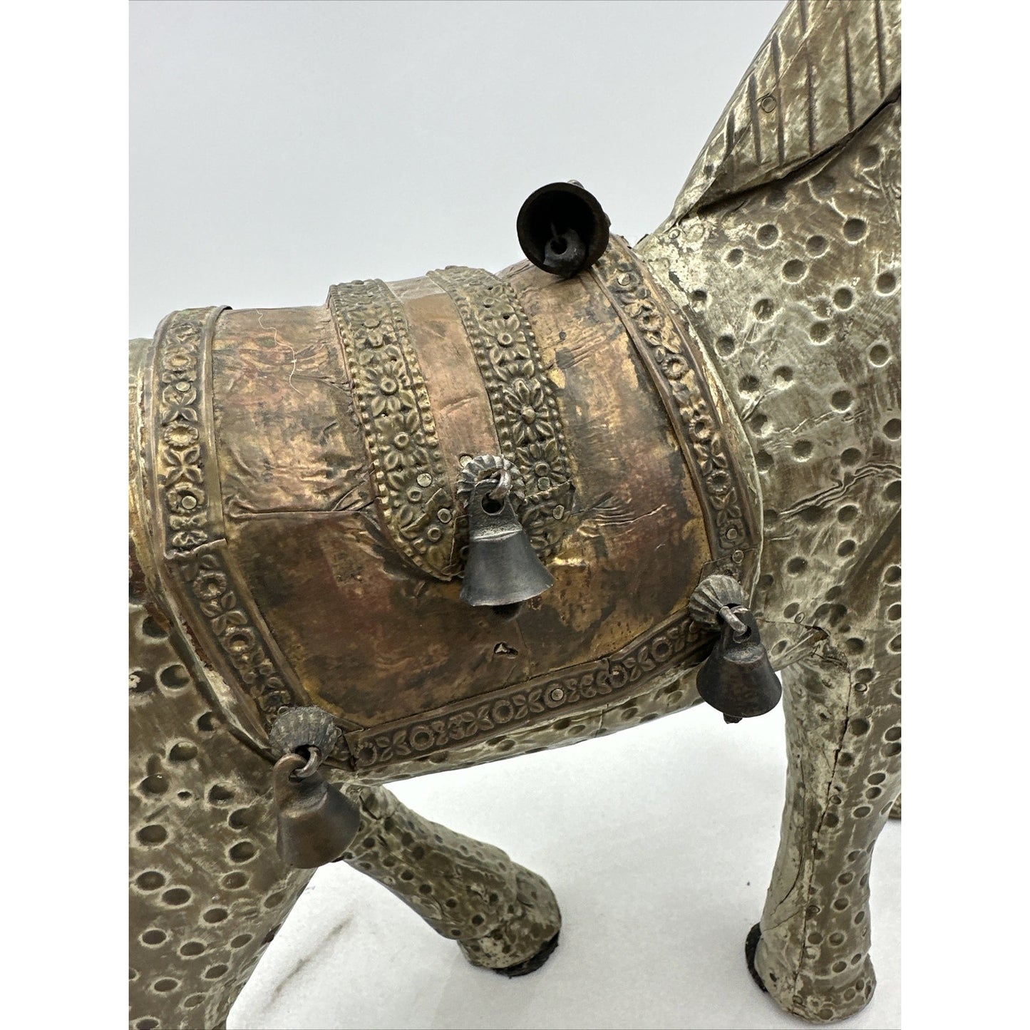Antique Wood Horse Figurine Metal Copper Wrapped Carved Statuette