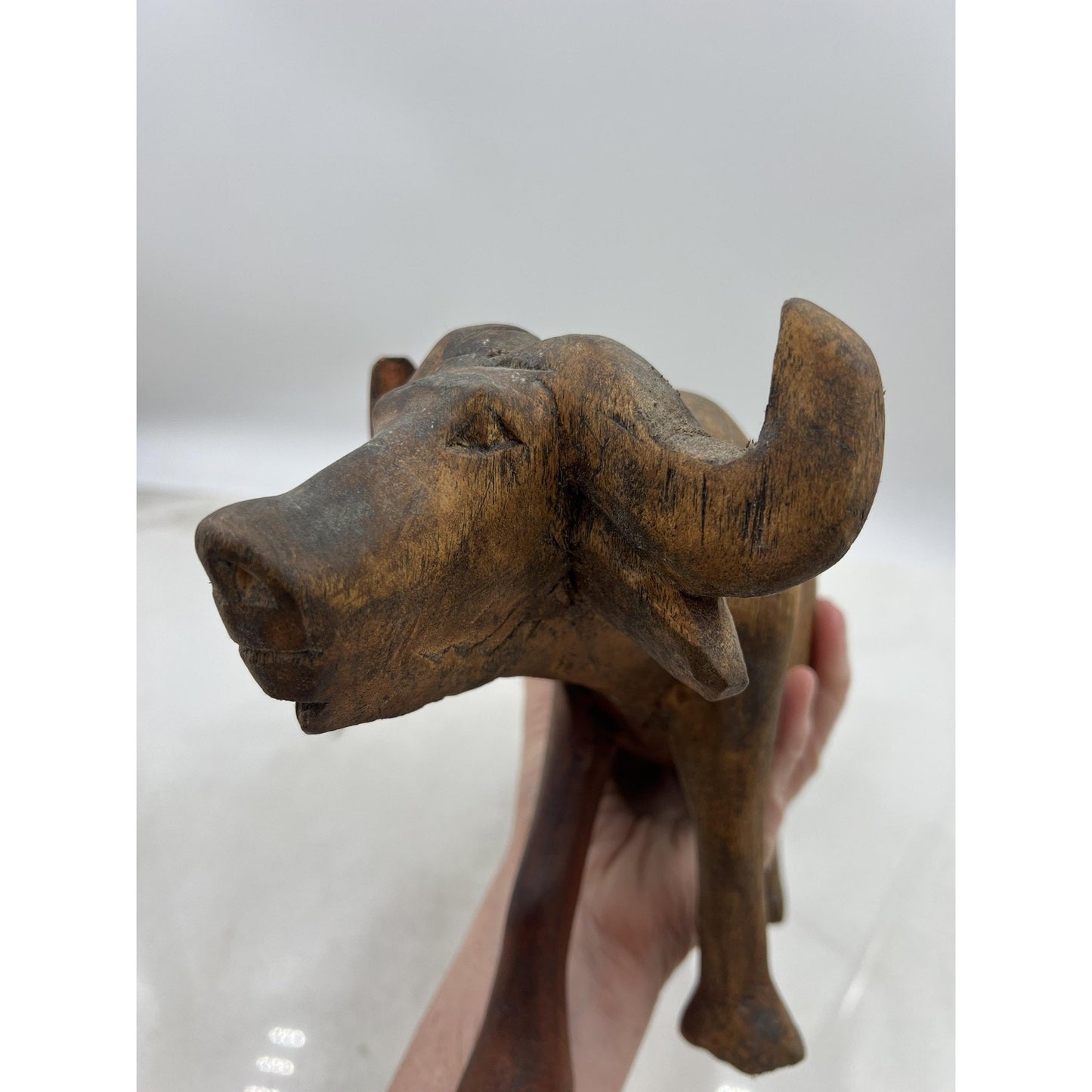 Vintage Hand Carved Wood Water Buffalo Sculpture African Folk Art Figurine 13" D