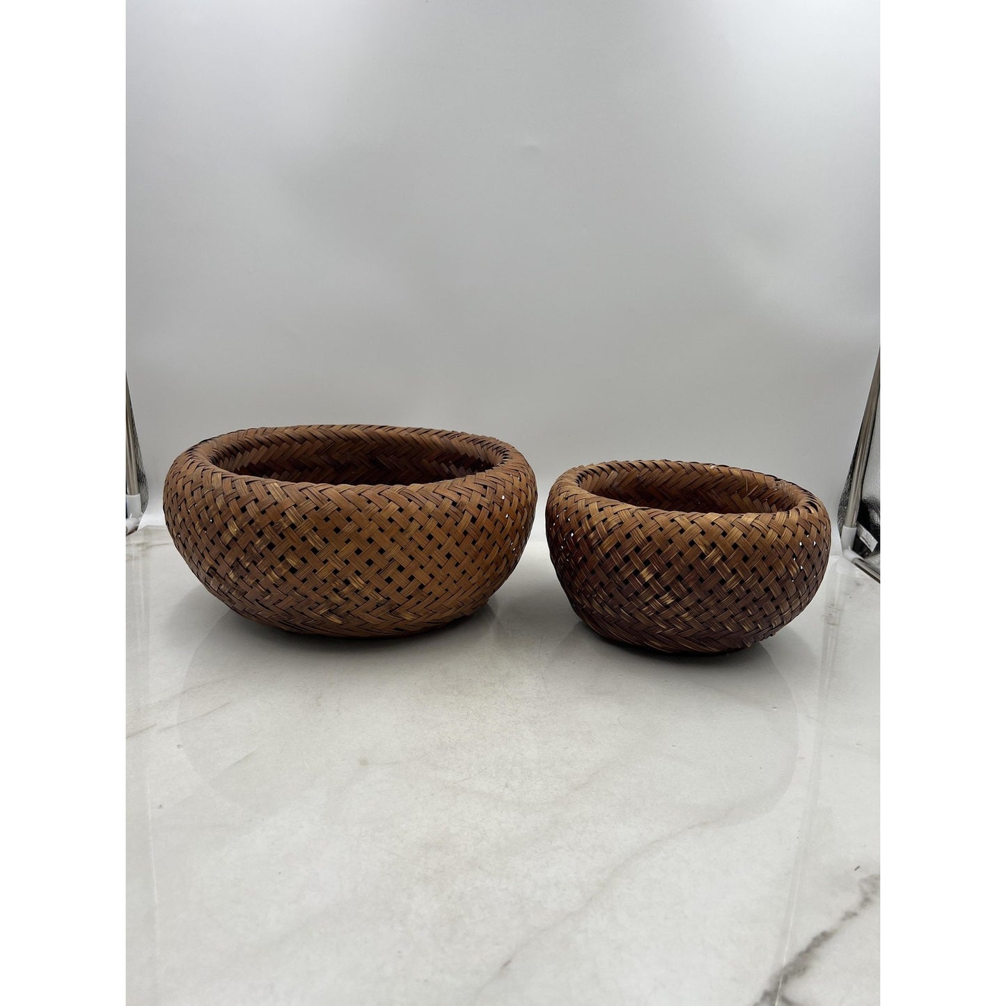 Handwoven Rattan Bamboo Wicker Basket Bowl Set Pair Nesting Boho Decor Round