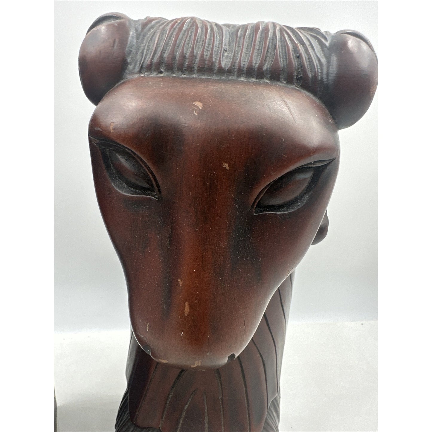 Vintage Alcam Carved Wood Rams Head Bookends Made Indonesia Ironwood