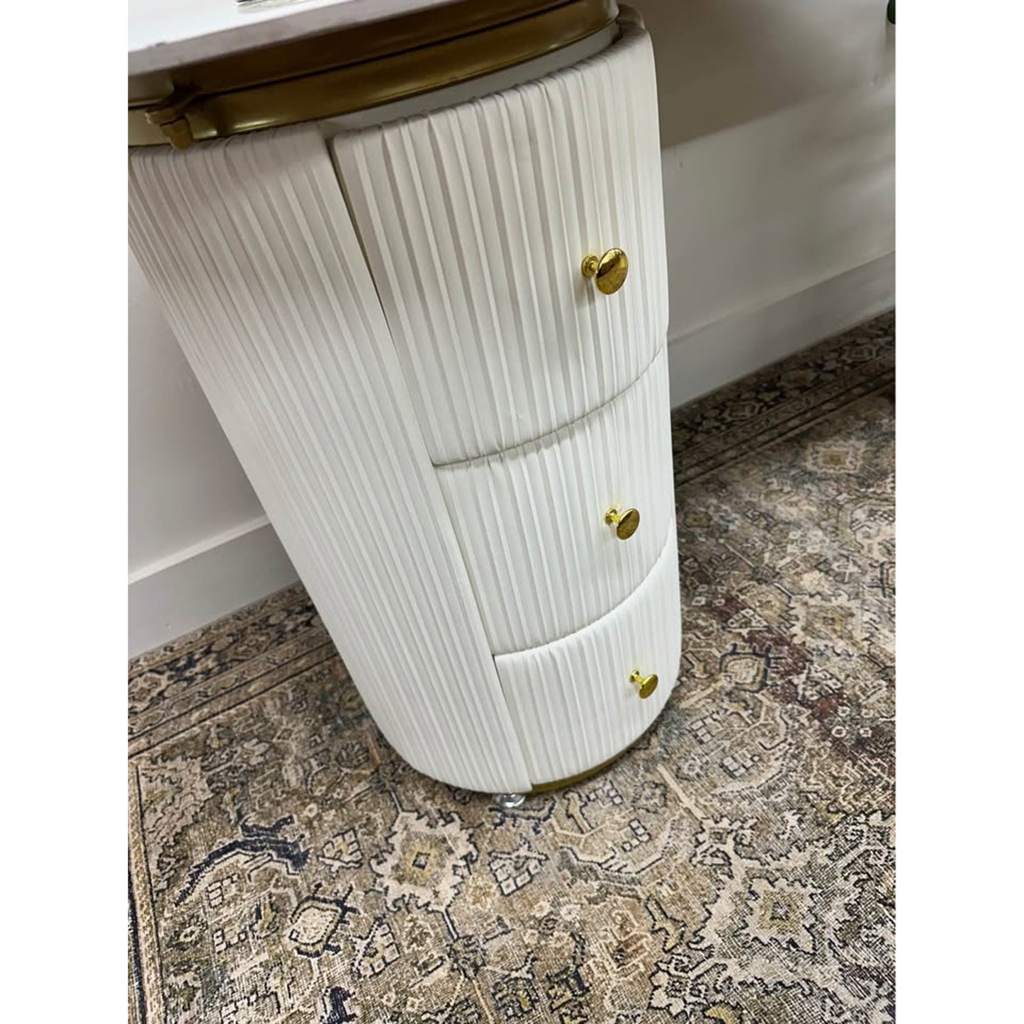White Free Form Stone Desk Vanity Table Manufactured Wood+Leather Groove Interiors 3 Drawers