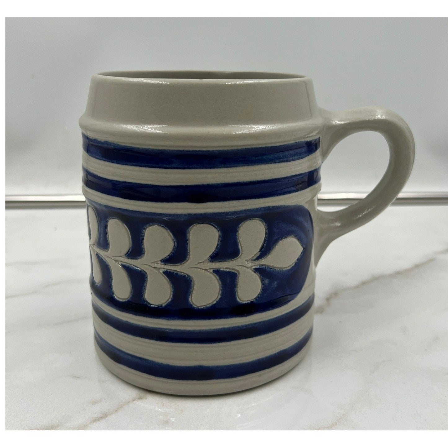 Vintage Salt Glaze Stoneware Beer Stein Cobalt Blue Leaf Pattern Ceramic Mug 5in