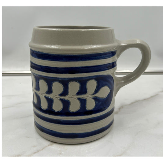 Vintage Salt Glaze Stoneware Beer Stein Cobalt Blue Leaf Pattern Ceramic Mug 5in