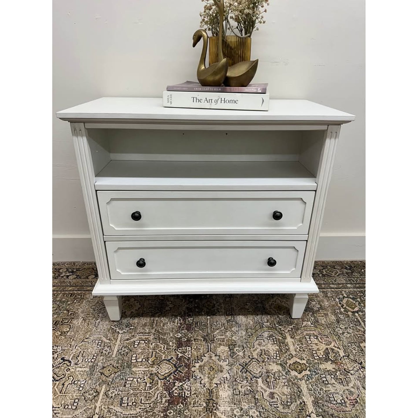 Davide 2 Drawer Nightstand Solid Wood End Table Chest Creamy White W/Charging Station New