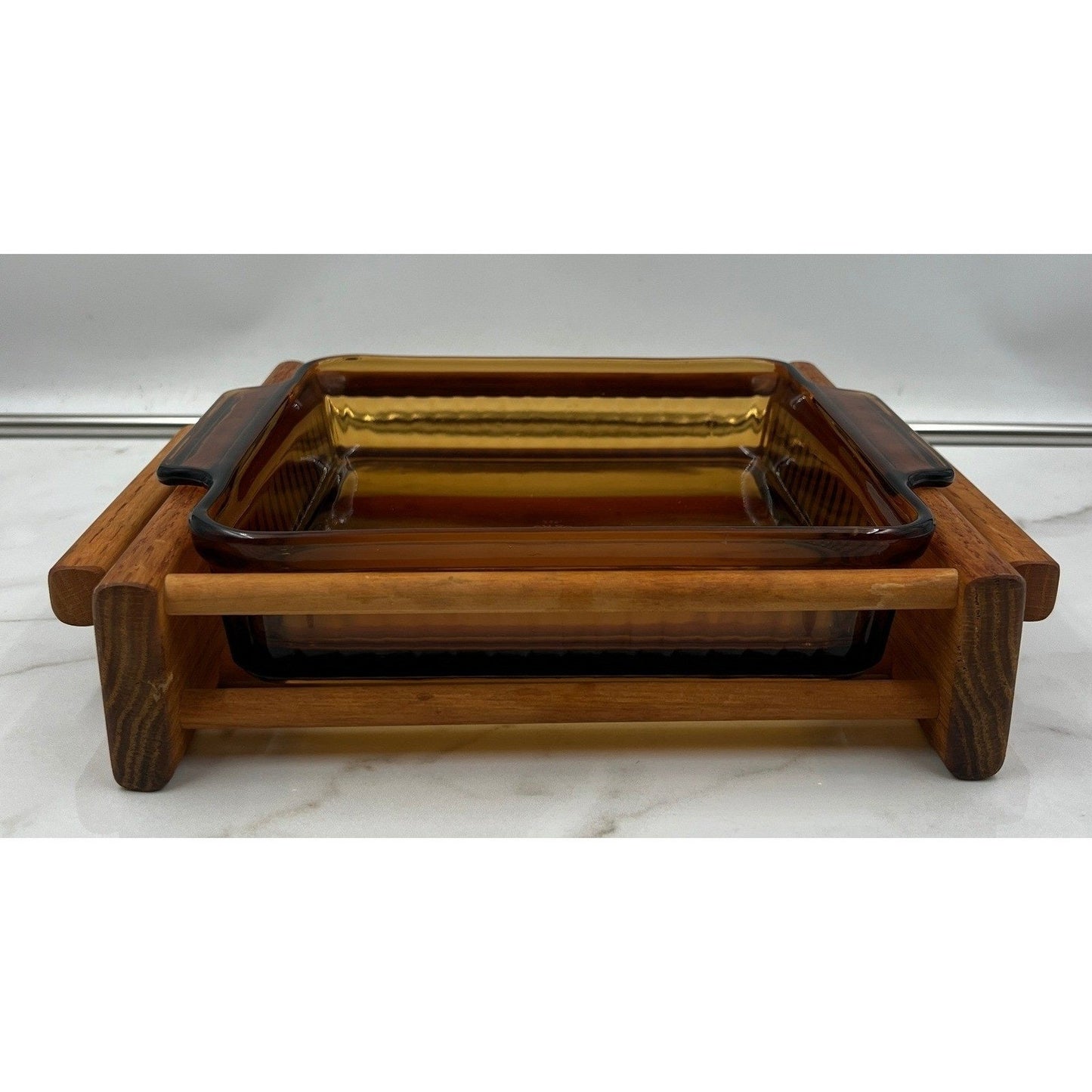 VTG Fire King Amber Glass Baking Dish Wood Cradle Anchor Hocking MCM