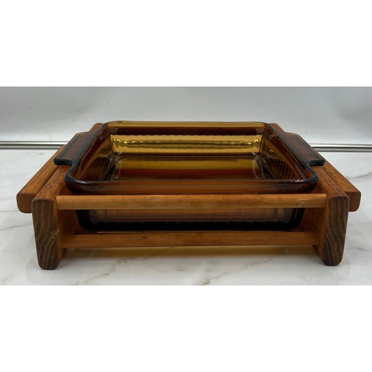 VTG Fire King Amber Glass Baking Dish Wood Cradle Anchor Hocking MCM