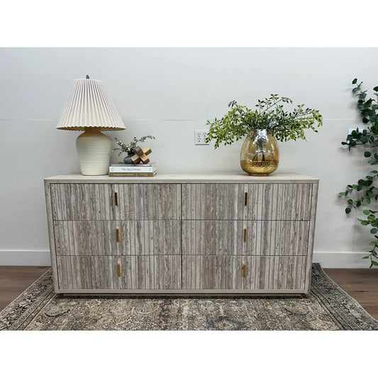 Roma Italian Faux Travertine Gold Dresser 6 Drawer Console Entry Credenza