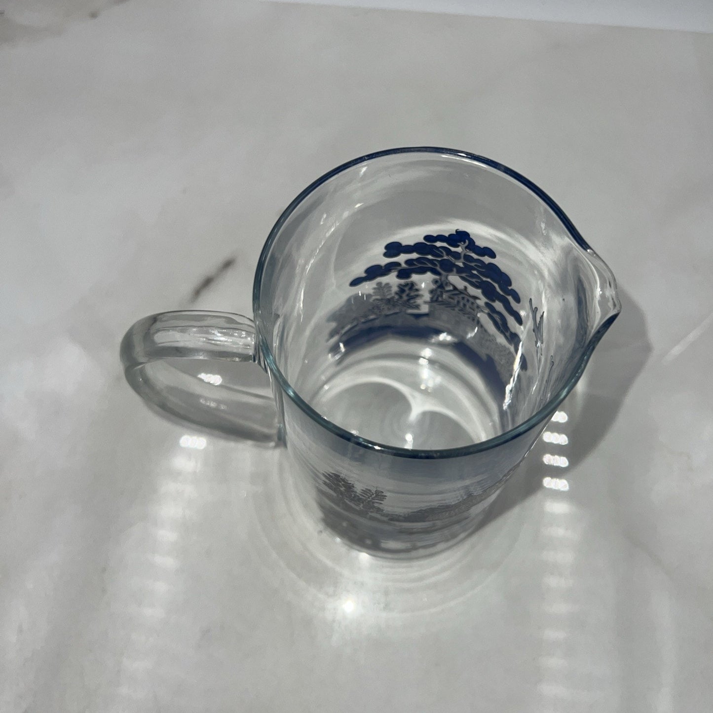 Vintage Glass Blue Willow Martini Pitcher w/ Applied Glass Handle