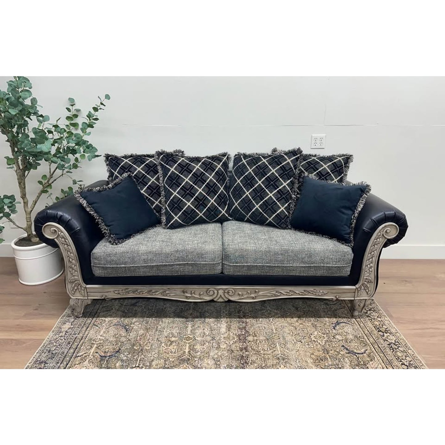 Bernardus Sofa Couch 2-Tone Fabric Wooden Frame Loveseat With Carved Wood Trim Black Gray