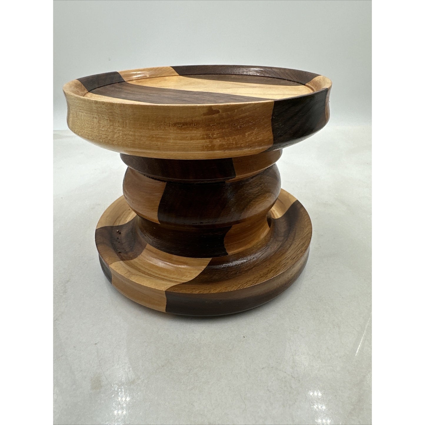 Vintage Wood Pillar Candle Holder Multi Toned Round -5" Tall- 6" Diameter