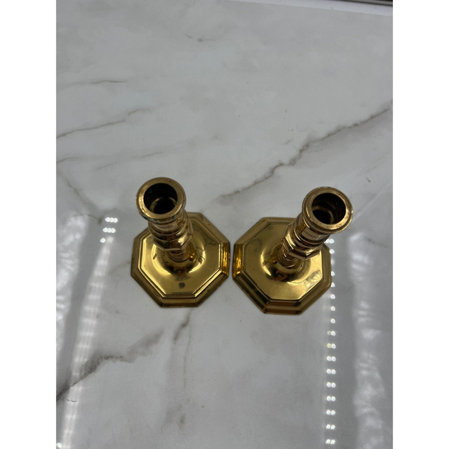 VTG Brass Candlesticks Holders Turned Hexagonal Base Set of 2