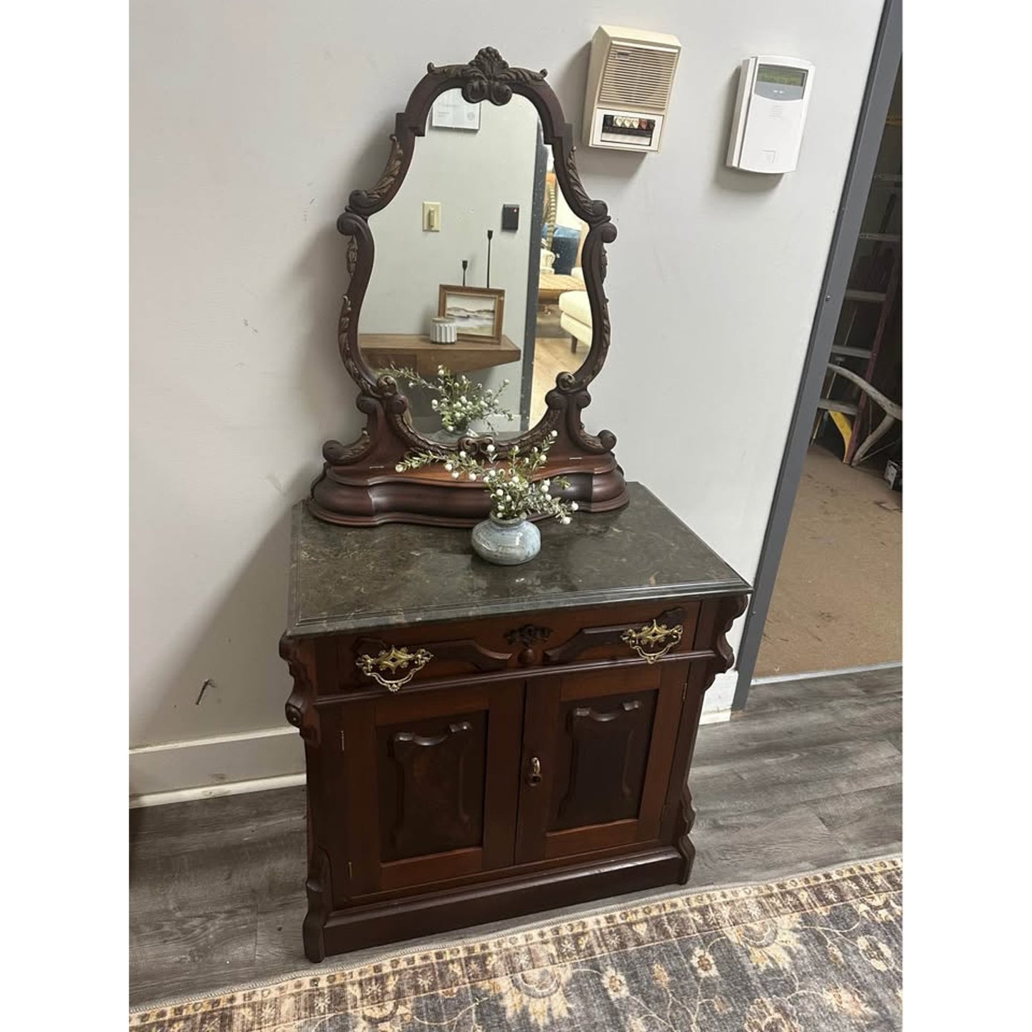 Antique Victorian Mahogany Entry Table Dresser Side Table Cabinet Mirror Marble Top
