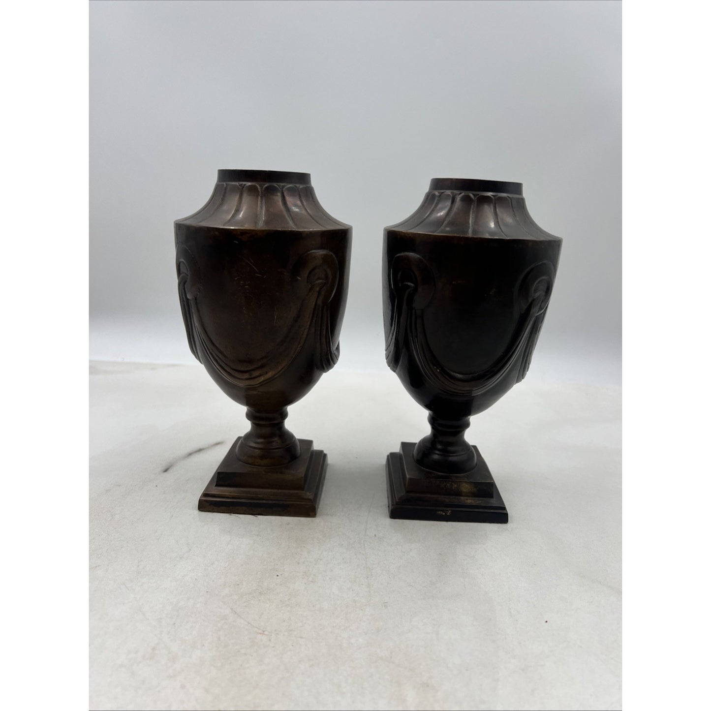 Vintage Bronze Urn Ancient Bronze Amphora Made In India 8" Tall No Lids Set 2