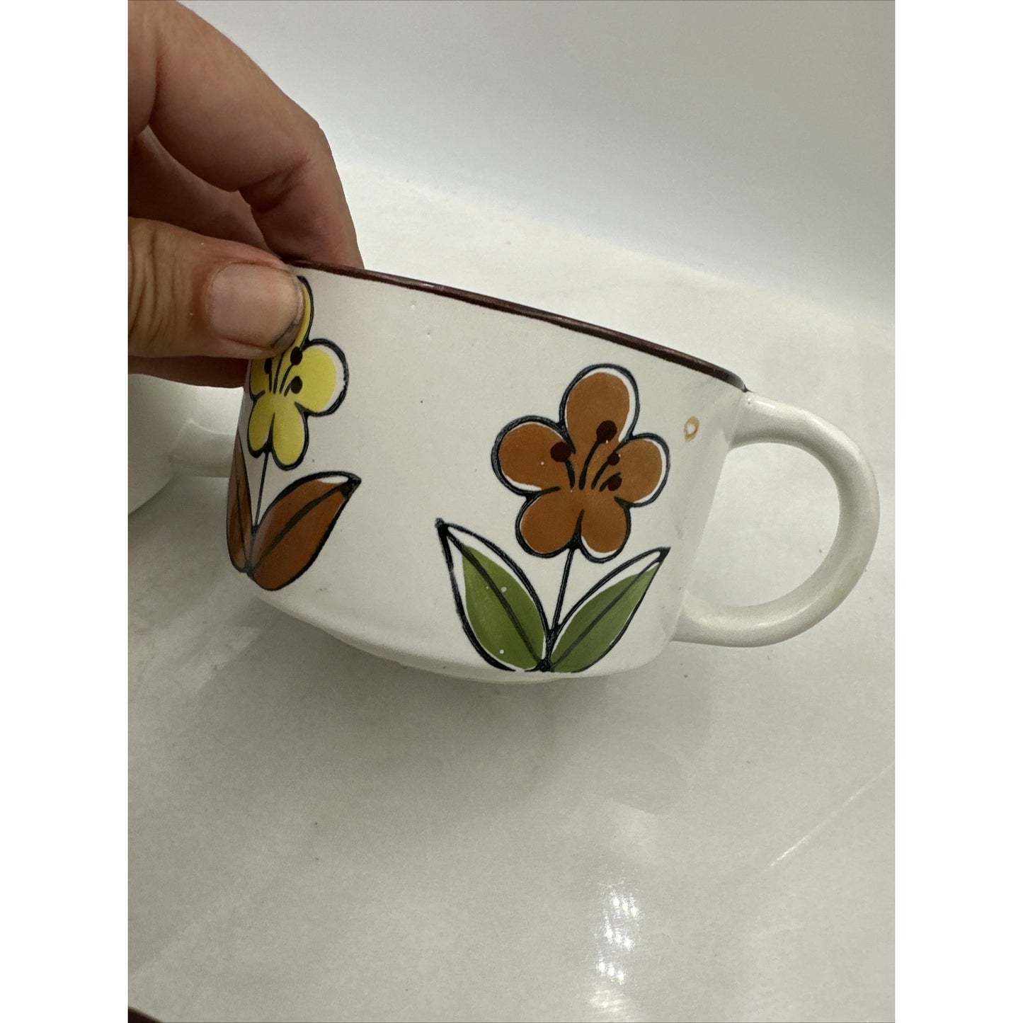 Vintage Pottery Soup Mugs Bowls Handled Mid Century Flowers Retro Lot of 4