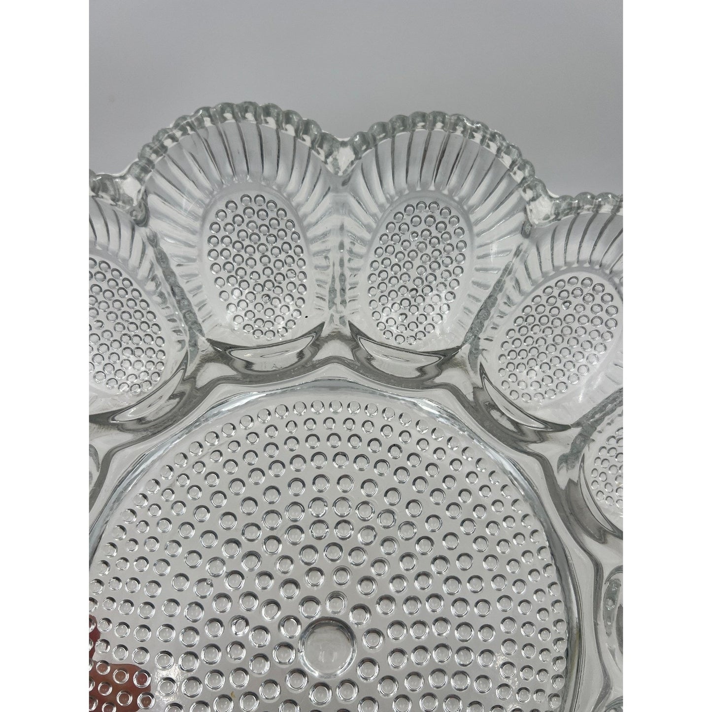 VTG Clear Glass Egg Plate Tray Holder 12 Eggs Center Serving Dish Scalloped Edge