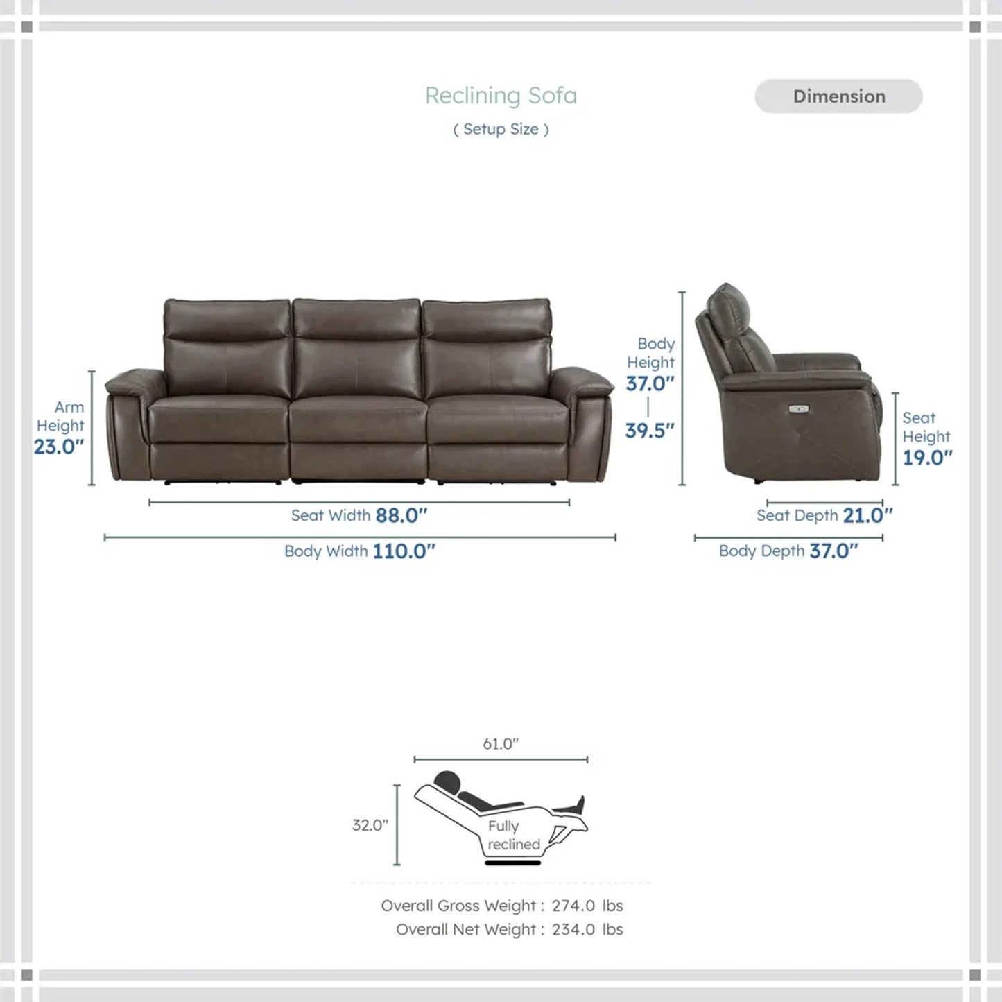 Enjolie Modern Sofa Couch Brown Top Grain Leather Power Recline Adjustable Headrests USB Charging