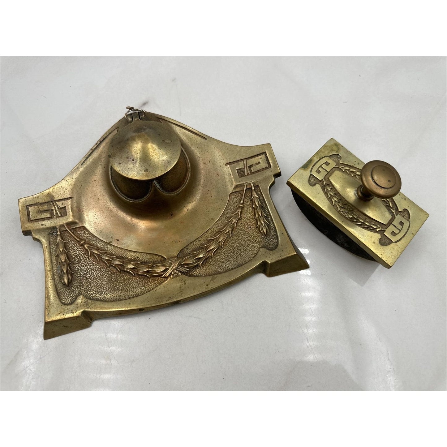 Antique Brass Double Inkwell and Stamp Stamper Art Nouveau Wheat Office Desk