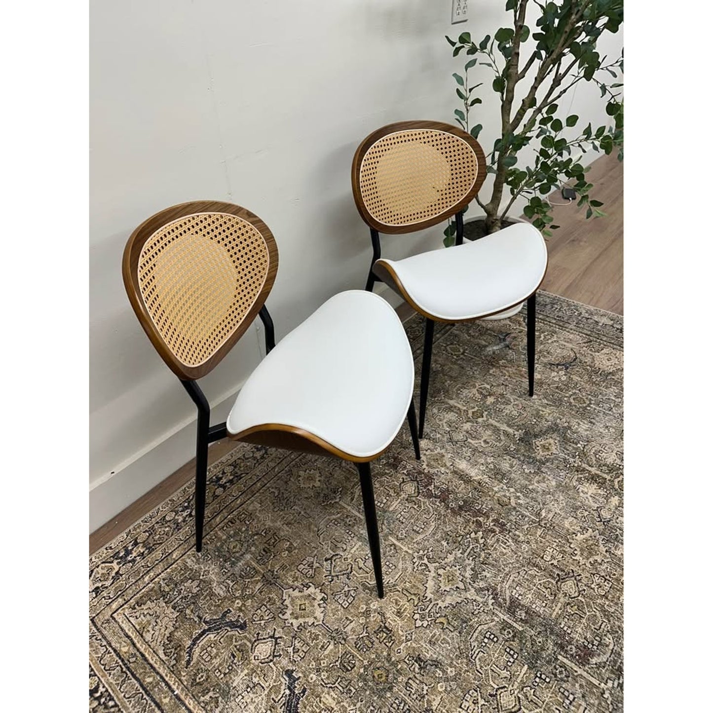 Wooden Oval Back Dining Chair Fabric Padded Seat Rattan Woven Kitchen Restaurant Cafe Set of 2