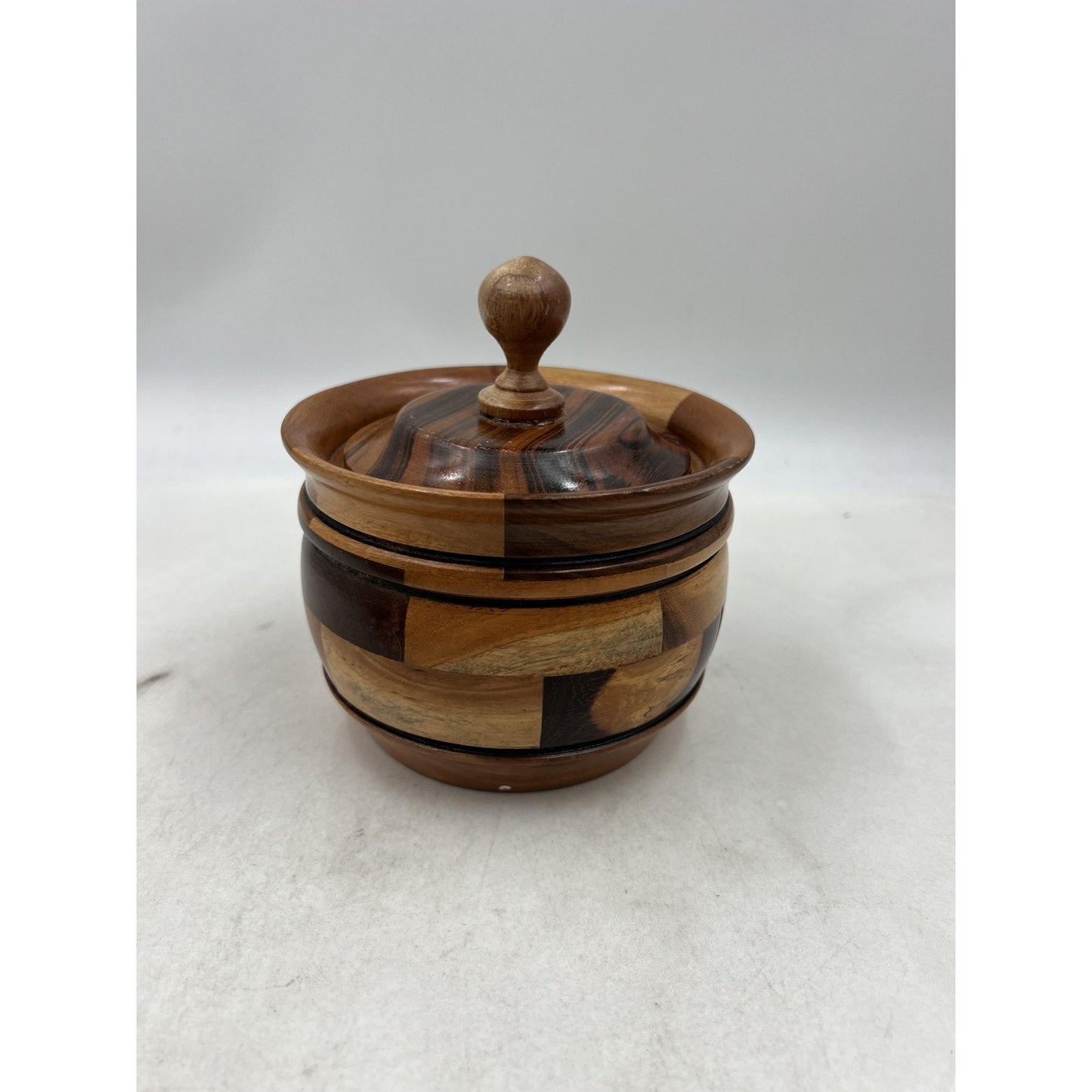 Handmade Wood Lidded Trinket Box Container Multi-Tone Carved Decorative Storage
