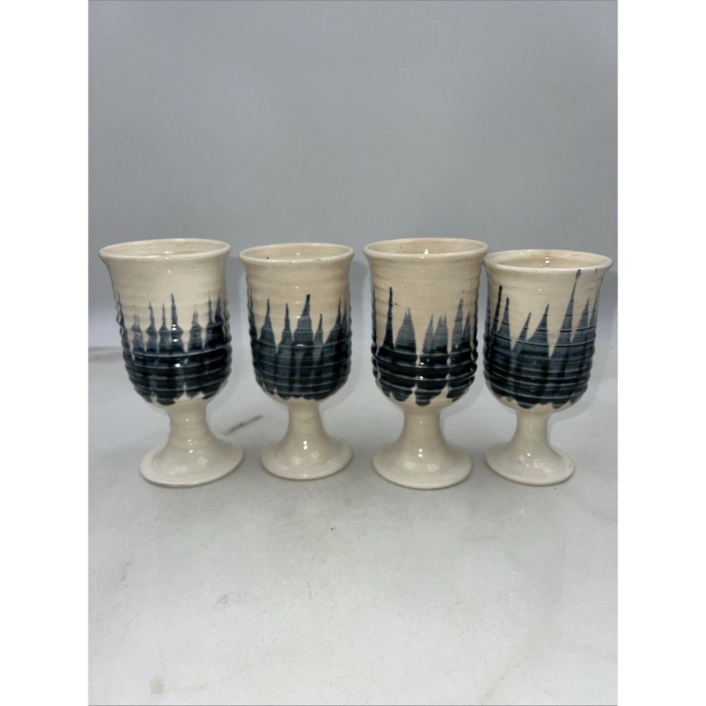 VTG Studio Pottery Goblets Glasses Hand Made Blue White Stoneware Set of 4 Signe