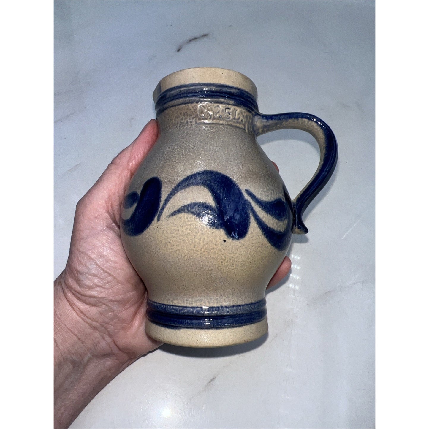 Vintage German Handmade Jug Creamer Handarbeit Blue Salt Glazed 0.25 L