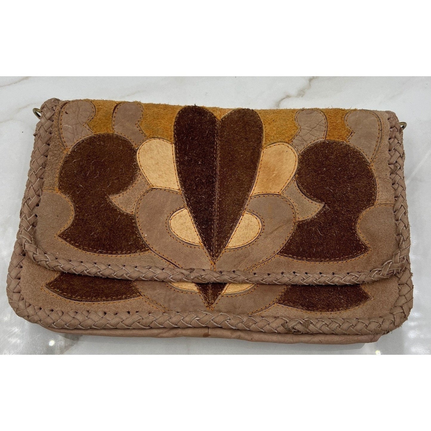 Vintage Patchwork Suede Leather Heart Boho Clutch Bag Brown Tan Braided Trim