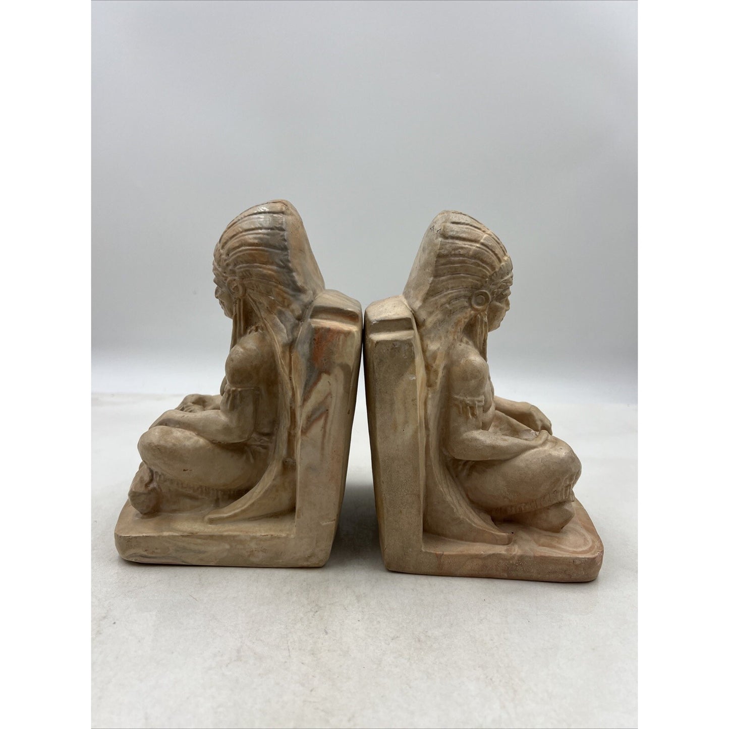 Vintage Montana Swirl Bookends Native American Chief Clay Pottery Set of 2