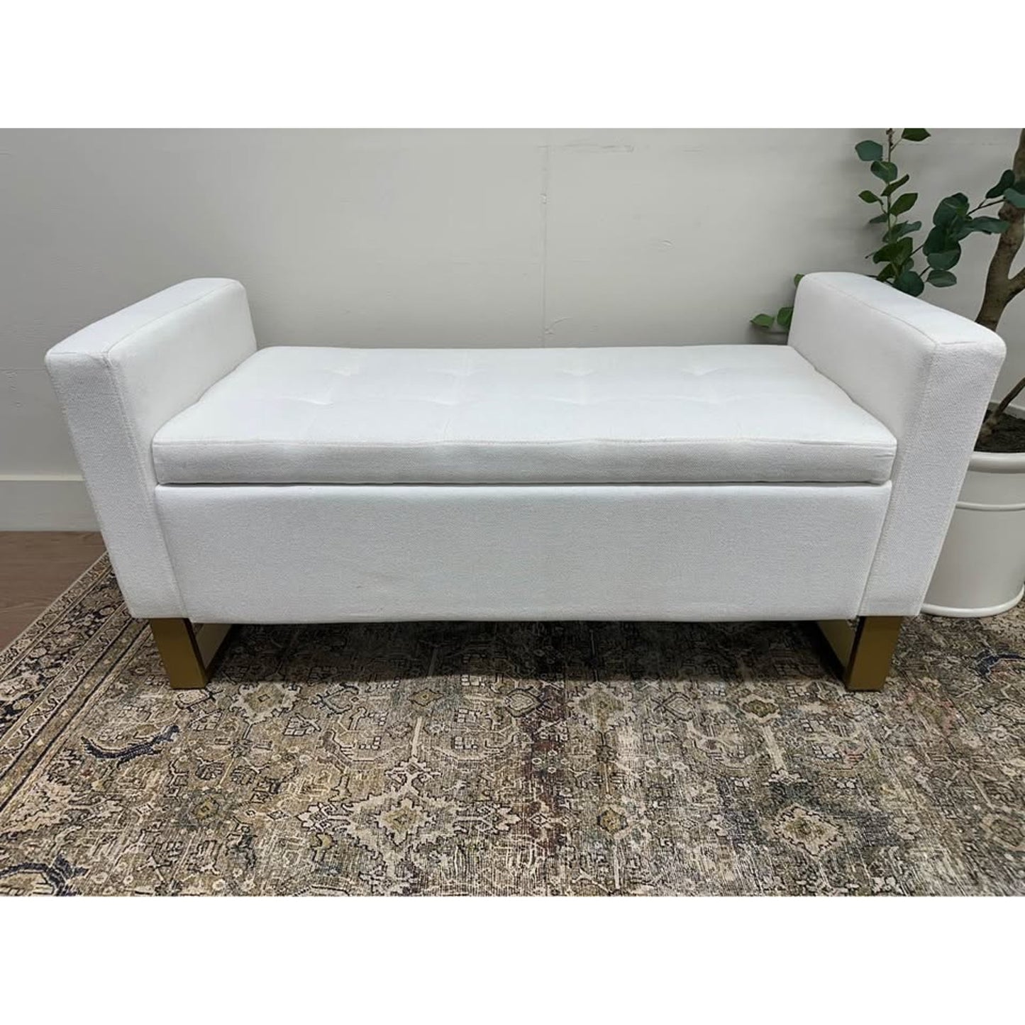 Angel 50.4" Wide Storage Bench-IVORY Gold Base Storage Bench with Bolster Pillows, Upholstered