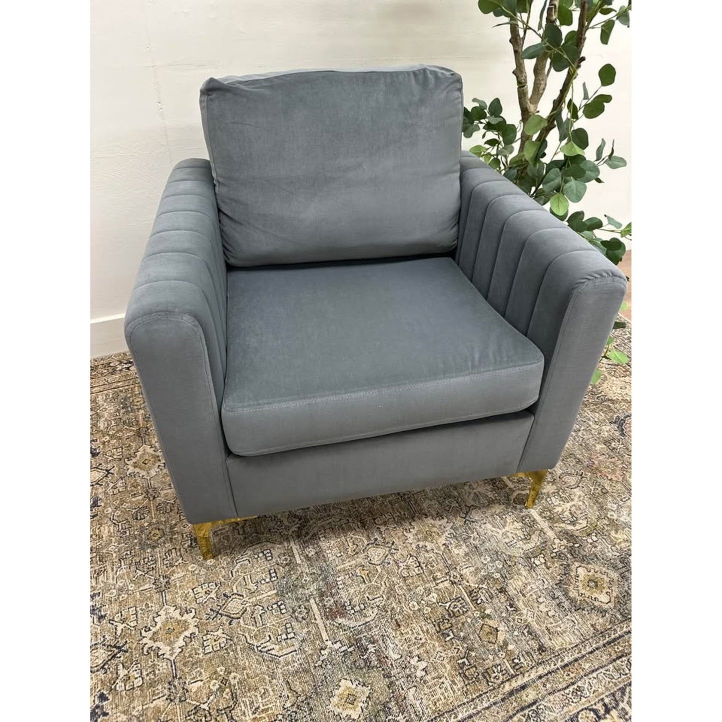 Jupiter Club Chair-GREY Armchair Gold Legs  Velvet Upholstered Channel Tufting Boxy New Karat Home