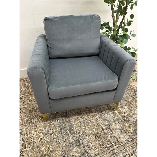 Jupiter Club Chair-GREY Armchair Gold Legs  Velvet Upholstered Channel Tufting Boxy New Karat Home