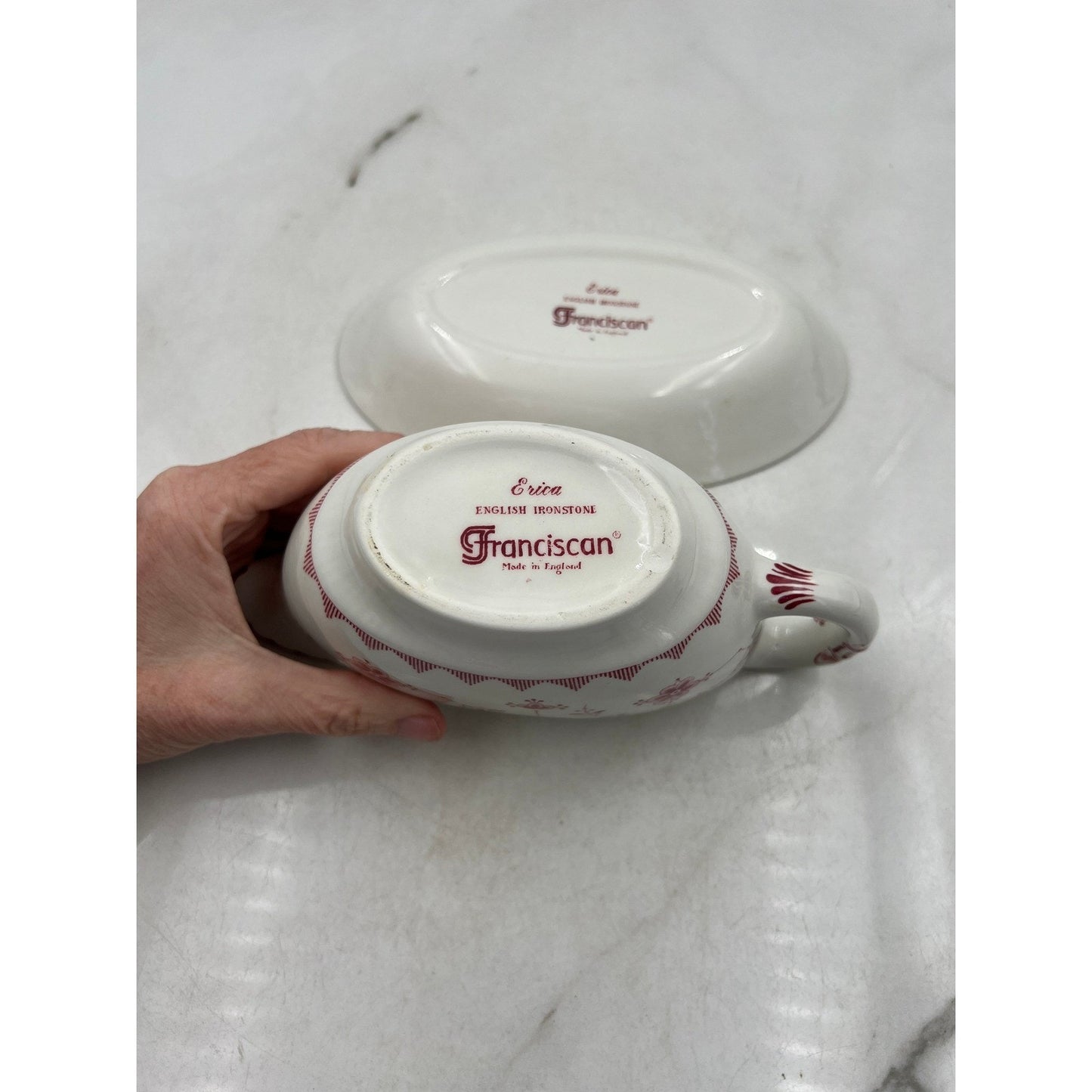 ERICA By Franciscan Pink White Vintage Gravy Boat W/Underplate Made In England
