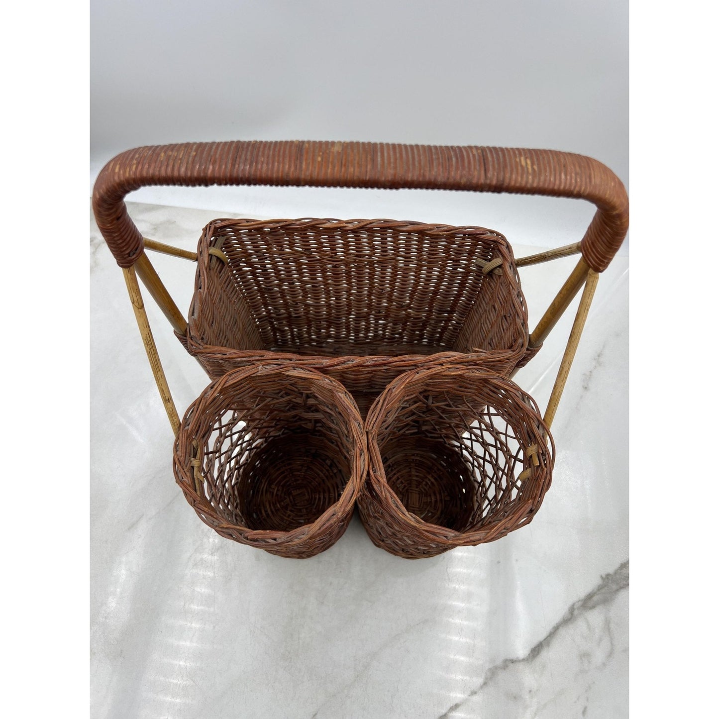 Vintage Wicker Bottle Carrier Picnic Basket Dual Cylinder Rectangular Compartmen