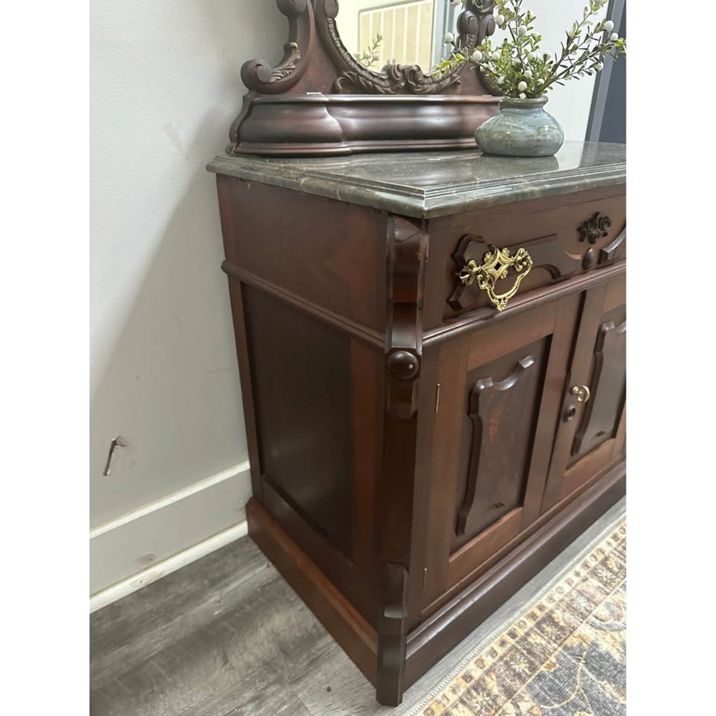 Antique Victorian Mahogany Entry Table Dresser Side Table Cabinet Mirror Marble Top