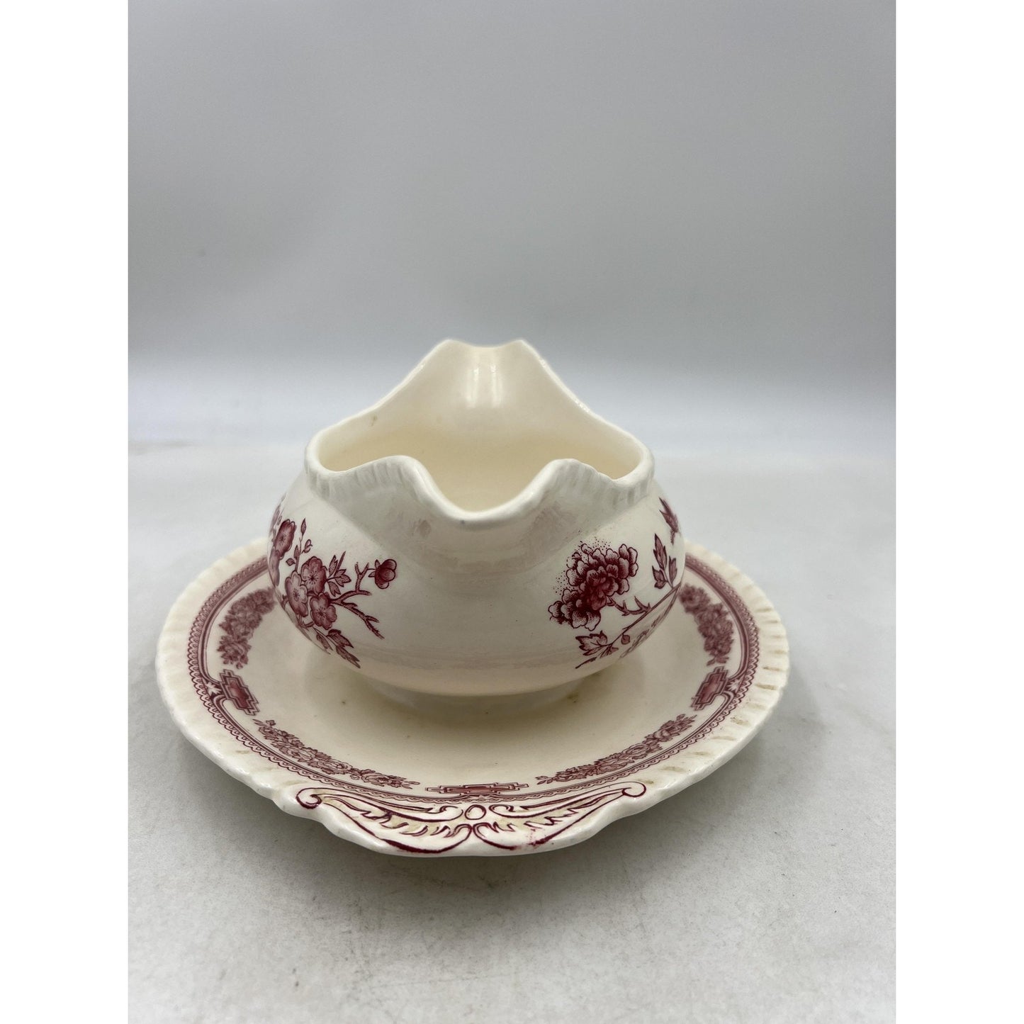 Vintage Mason's Manchu Ironstone Gravy Boat Saucer Red Floral England 9" Ceramic