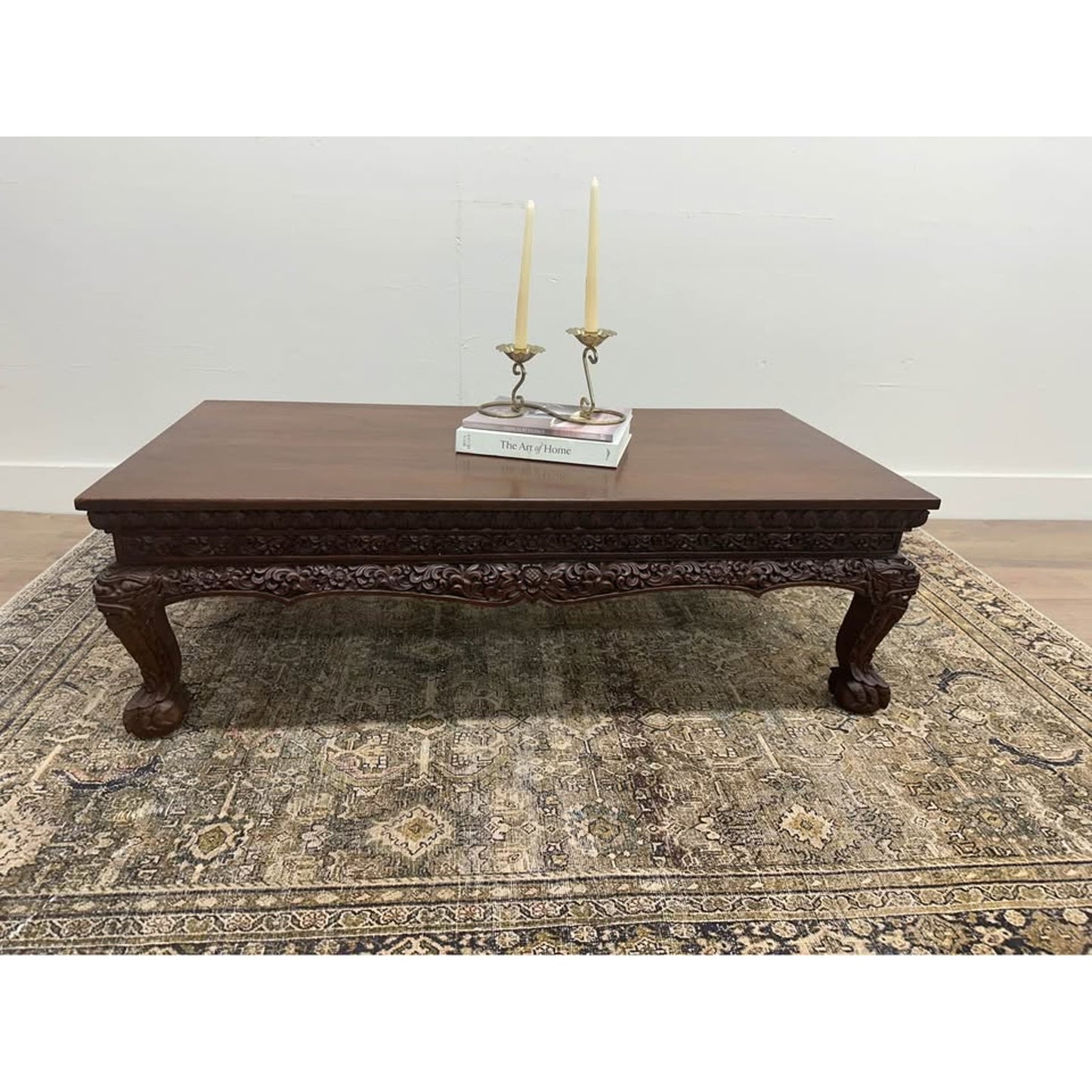 Antique Mahogany Coffee Table Chinese Asian Burmese Anglo-Indian Hand Carved Wood Ball Claw Feet