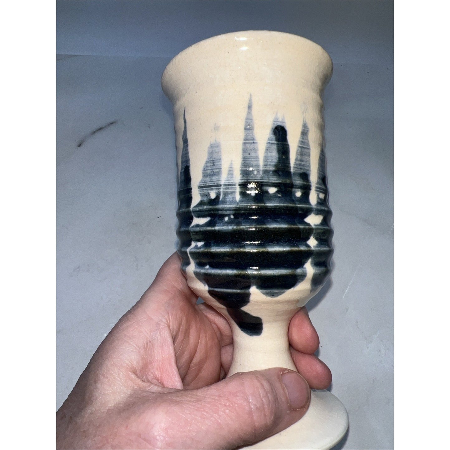 VTG Studio Pottery Goblets Glasses Hand Made Blue White Stoneware Set of 4 Signe