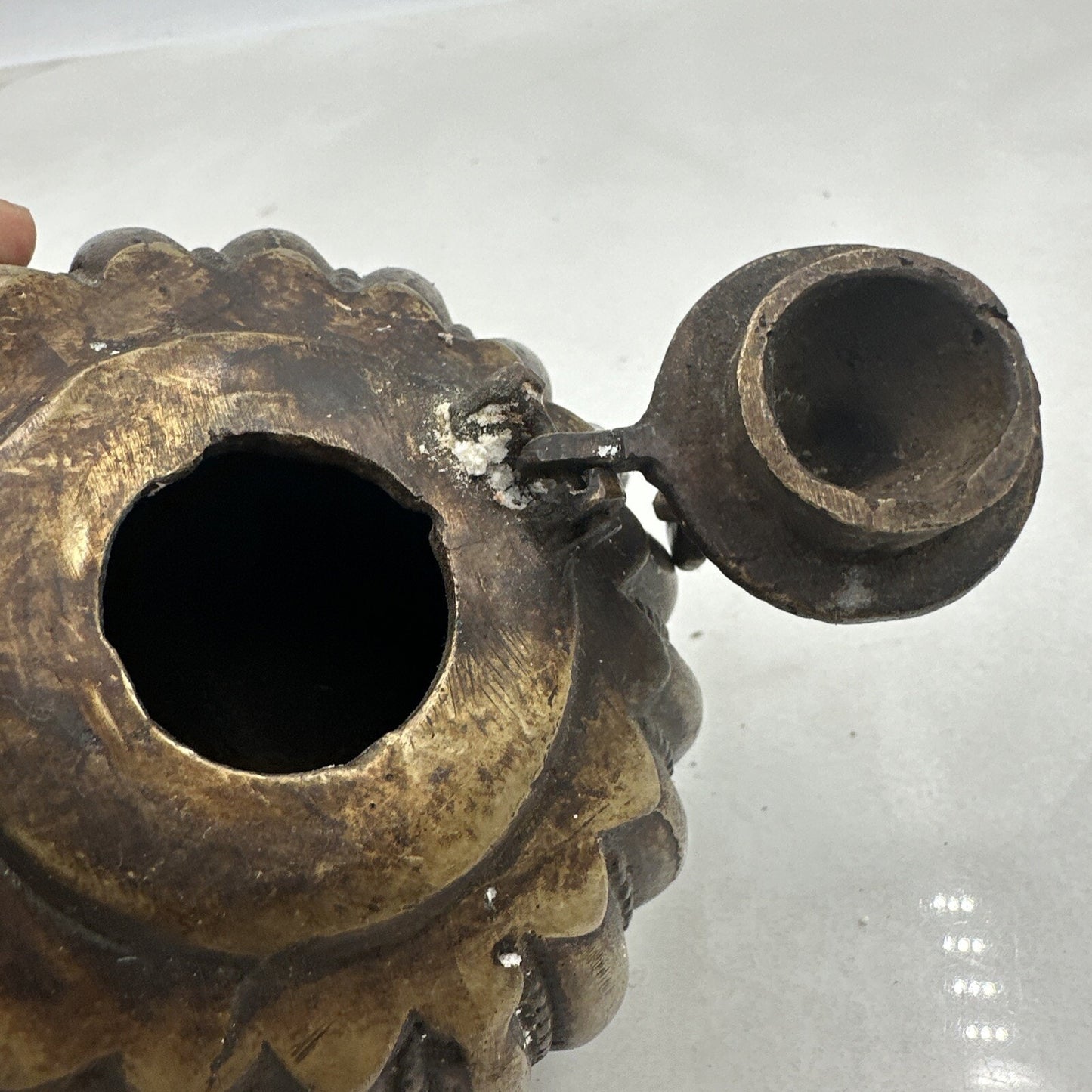 Antique Ink Well Indian Cast Bronze Mughal Footed w/ Peacock Lid & Fluted Sides