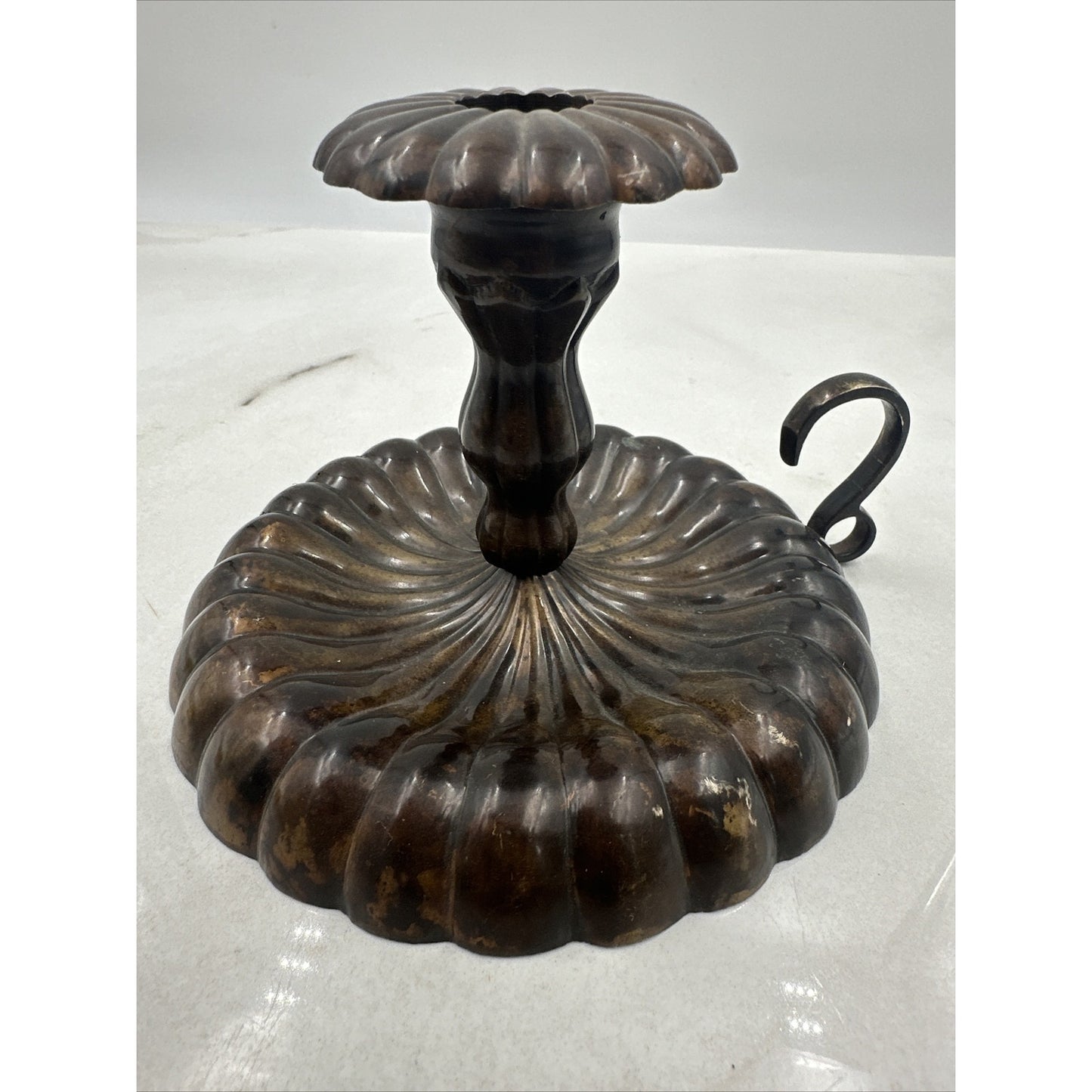 Vtg Brass Candle Holder Finger Loop Handle Scallop Ribbed Mid Century 5” India