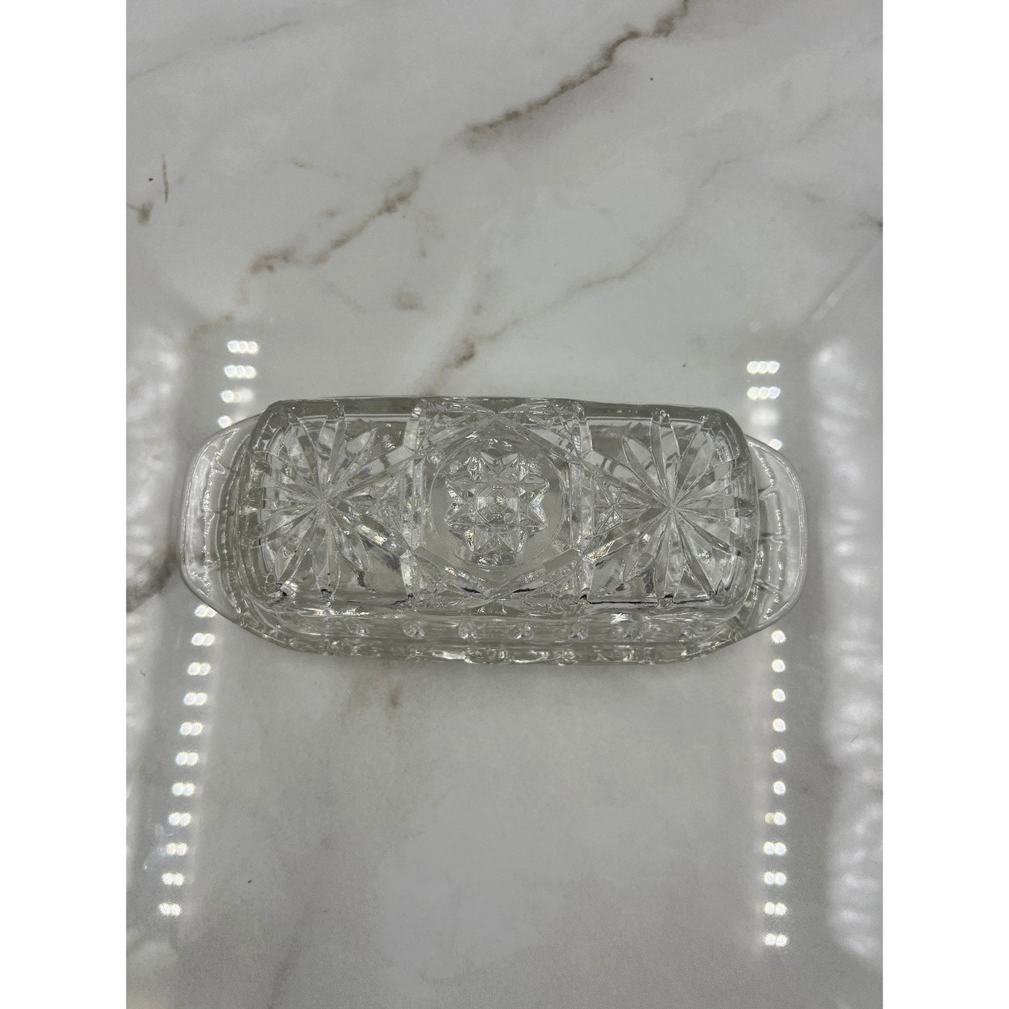 Butter Dish Vintage Clear Pressed Glass with Lid Starburst Diamond Pattern