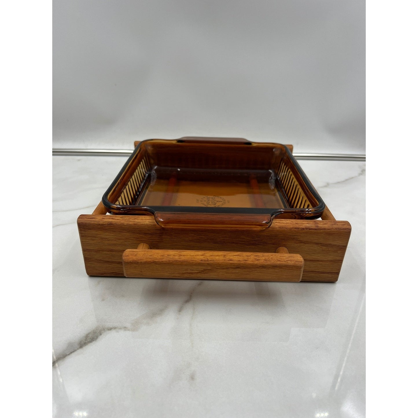 VTG Fire King Amber Glass Baking Dish Wood Cradle Anchor Hocking MCM