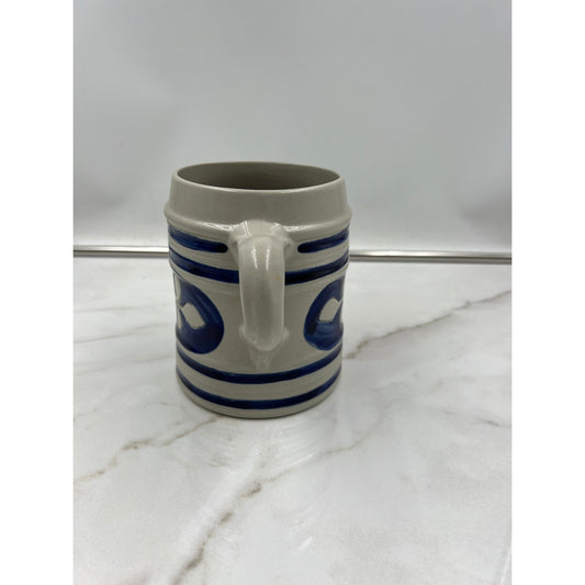 Vintage Salt Glaze Stoneware Beer Stein Cobalt Blue Leaf Pattern Ceramic Mug 5in