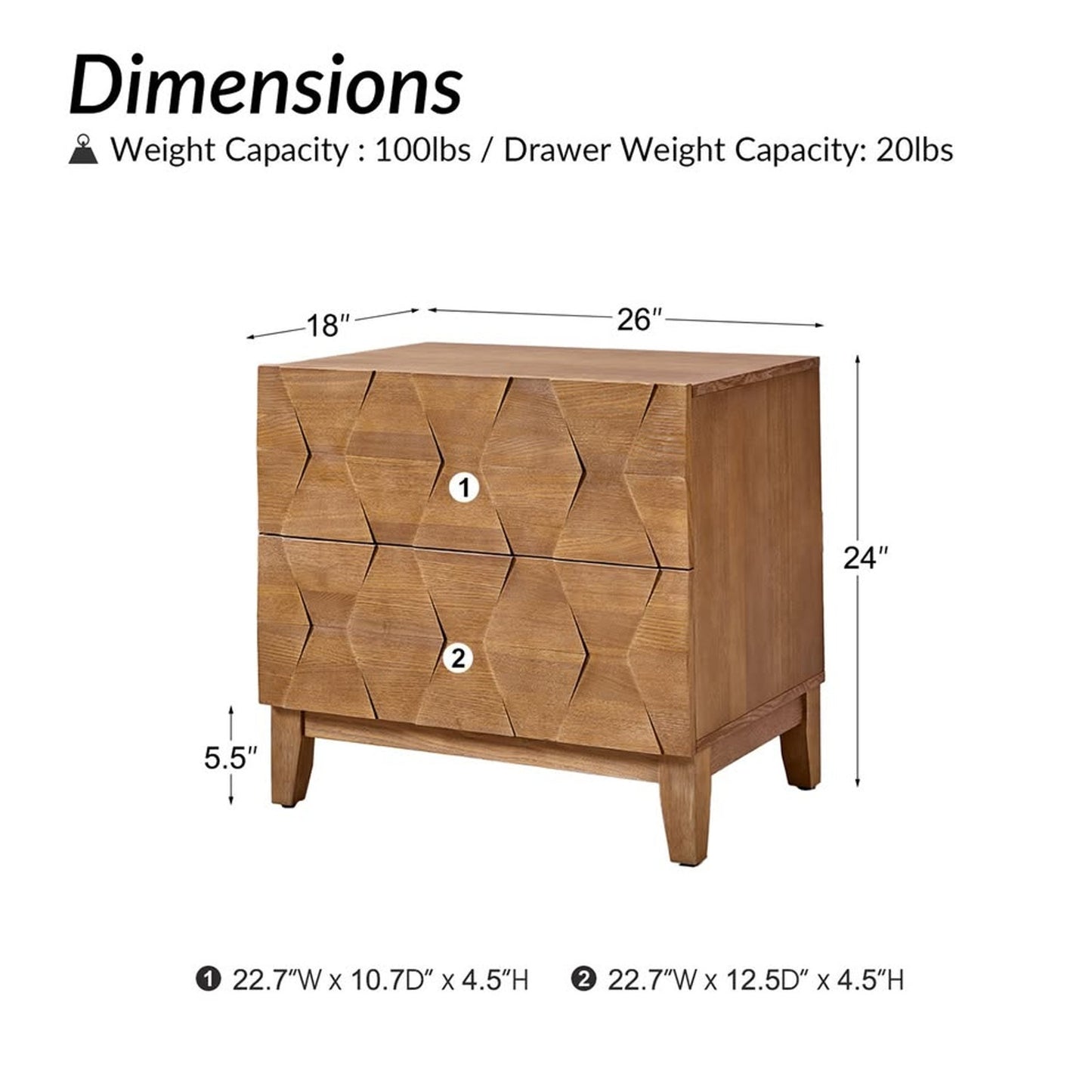 Helga 2 Drawer Nightstand Brown Wood MCM Style Built in Outlet