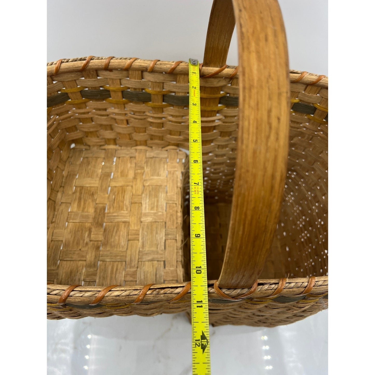 VTG Handmade Woven Stair Basket Wooden Handle Rustic Step Storage Natural Brown