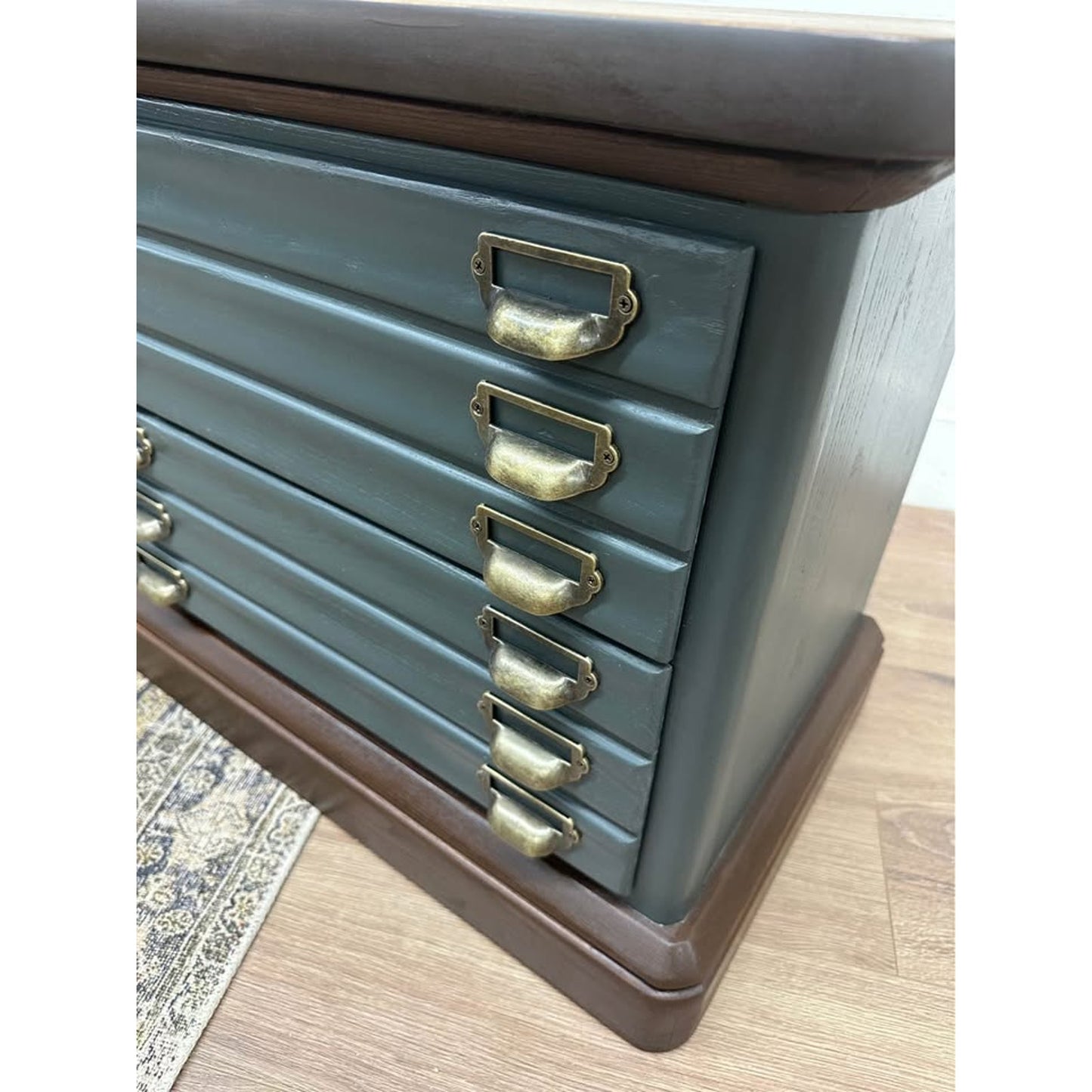 VTG Stanley Dresser Set Dresser Nightstands Dark Green Brass Apothecary Style Wood Stained Top