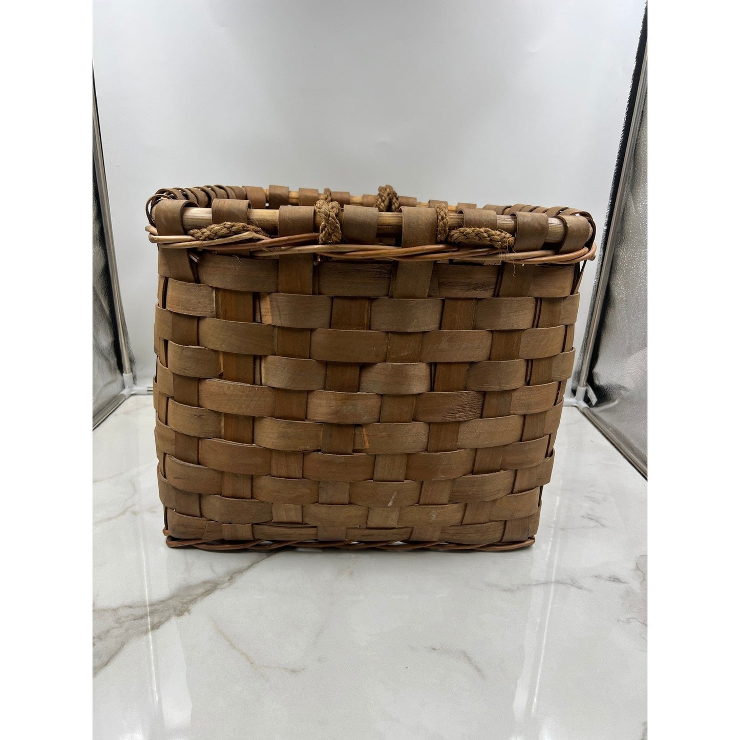 Vintage Woven Wood Splint Basket Square Farmhouse Storage with Rope Handles